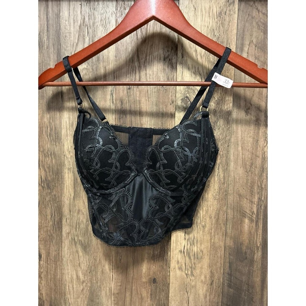 Victoria's Secret Very Sexy Push Up Bra 32C NWT Black Corset Hearts Pattern NWT
